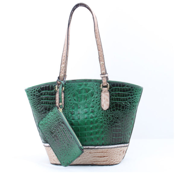 Crocodile embossed tote with pouch - green