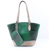 Crocodile embossed tote with pouch - green