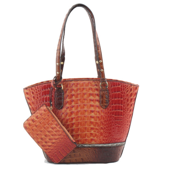 Crocodile embossed tote with pouch - orange