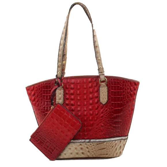 Crocodile embossed tote with pouch - red