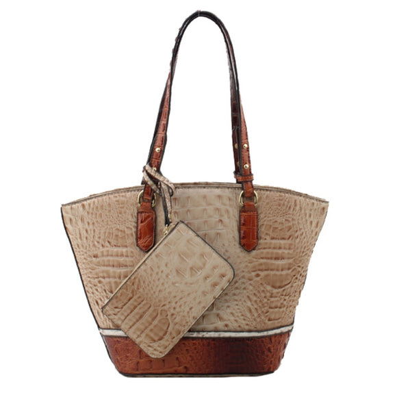 Crocodile embossed tote with pouch - tan
