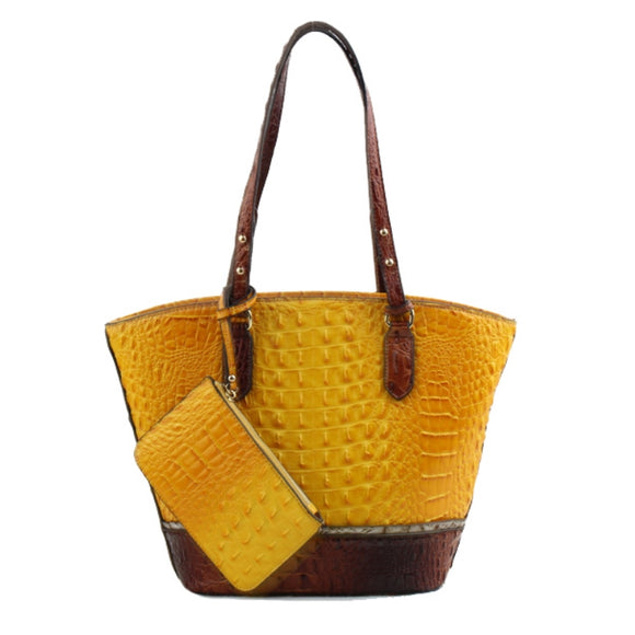 Crocodile embossed tote with pouch - yellow