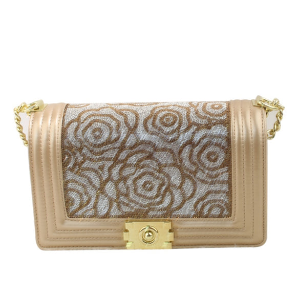 Floral pattern rhinestone chain crossbody bag - golden