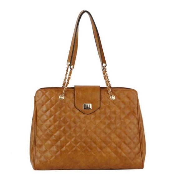 Quilted turn-lock chain tote - light brown