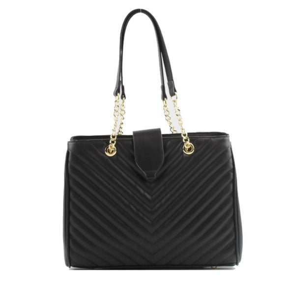 Chevron quilted chain tote - black
