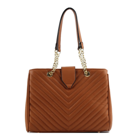 Chevron quilted chain tote - brown