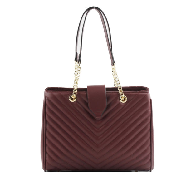 Chevron quilted chain tote - dark red