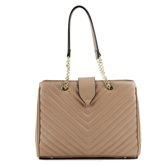 Chevron quilted chain tote - tan