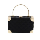 Quilted boxy frame satchel with metal handle - black