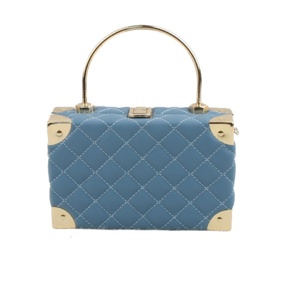 Quilted boxy frame satchel with metal handle - blue