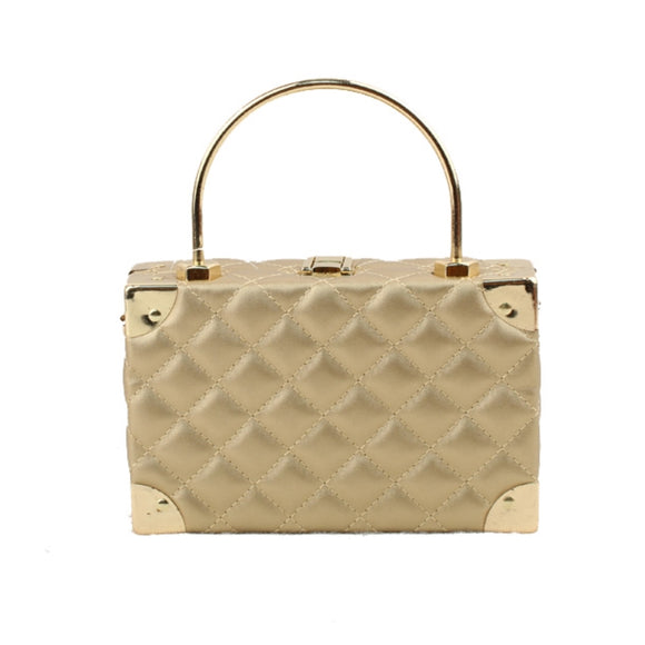 Quilted boxy frame satchel with metal handle - golden