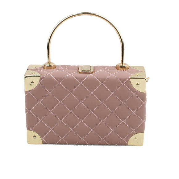 Quilted boxy frame satchel with metal handle - pink