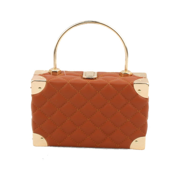 Quilted boxy frame satchel with metal handle - yellow(brown)