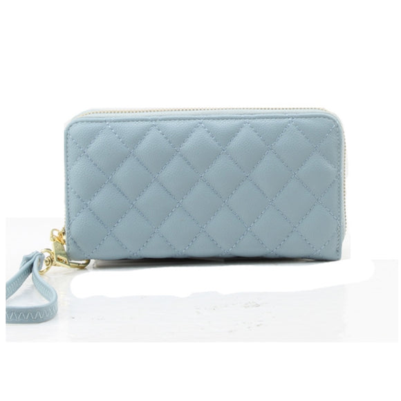 Diamond quilted zipper closure wallet - light blue