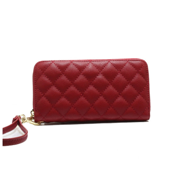 Diamond quilted zipper closure wallet - red