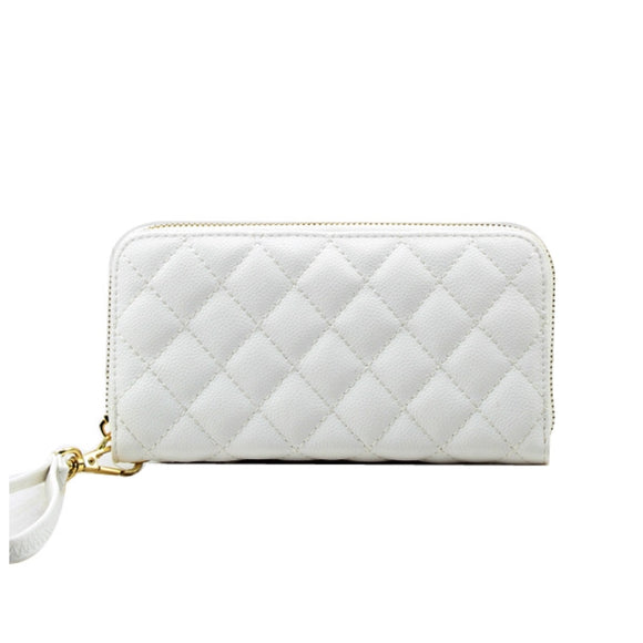 Diamond quilted zipper closure wallet - white
