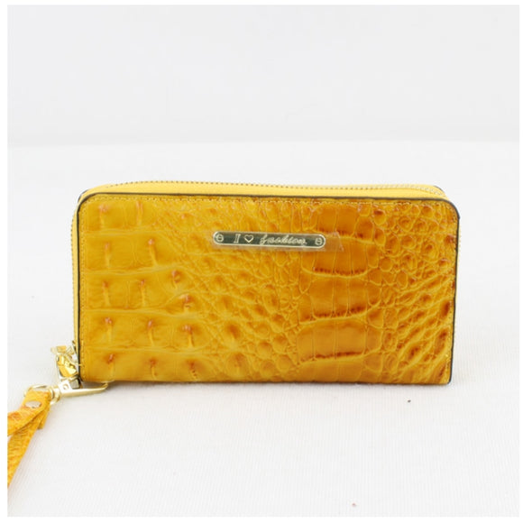 Crocodile embossed zipper closure wallet - yellow