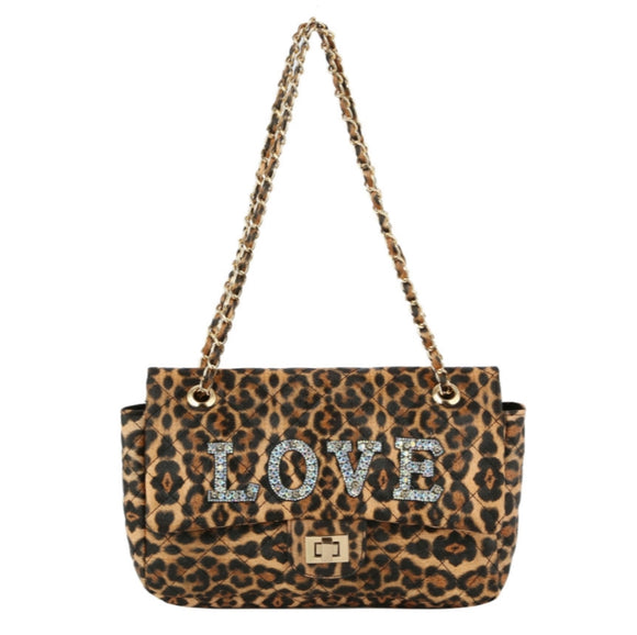 Quilted turn-lock chain shoulder bag - leopard brown