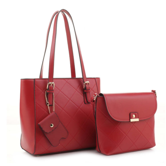 3-in-1 diamond quilted tote set - red
