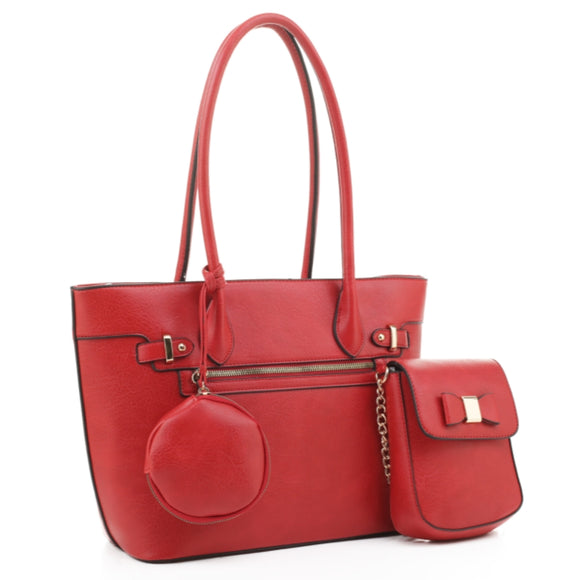 3-in-1 front zipper tote and ribbon detail crossbody bag set - red