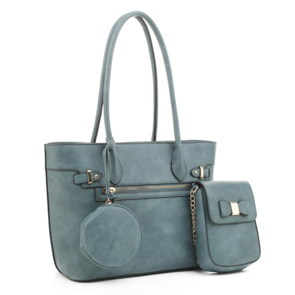 3-in-1 front zipper tote and ribbon detail crossbody bag set - blue grey