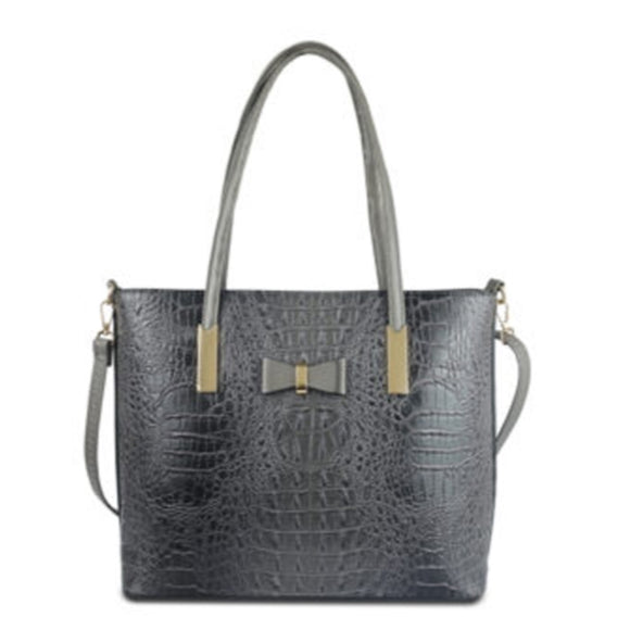 Crocodile embossed tote with ribbon detail - grey
