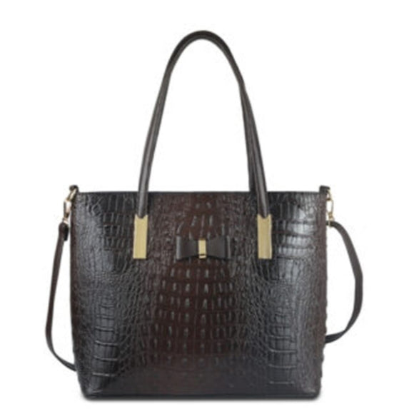 Crocodile embossed tote with ribbon detail - coffee