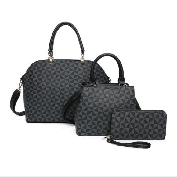 3-in-1 Monogram pattern handbag set - black
