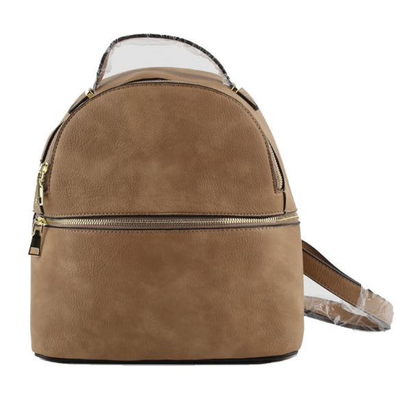 Half zipper detail leather backpack - khaki