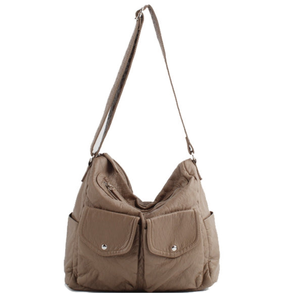 Washed leather utility shoulder bag - khaki