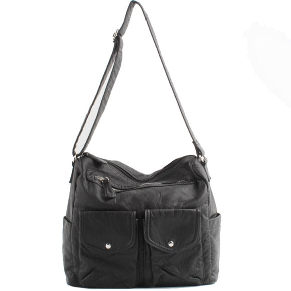 Washed leather utility shoulder bag - black