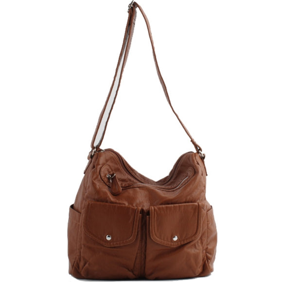 Washed leather utility shoulder bag - brown