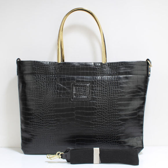 Crocodile pattern tote and crossbody bag - black