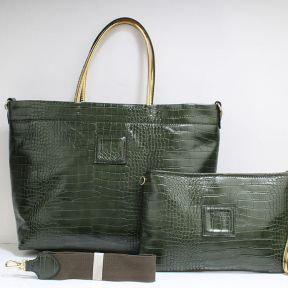 Crocodile pattern tote and crossbody bag - brown