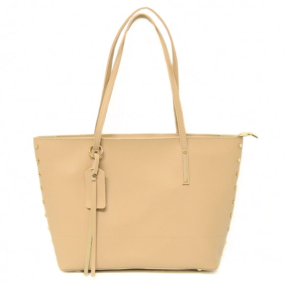 Studded Shopping Tote with Pouch - tan