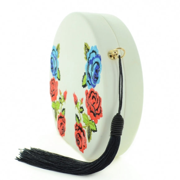 Floral embroidert Faux Leather Clutch - white