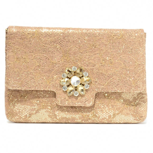 Crystal Buckle Glitter Lace Clutch - gold