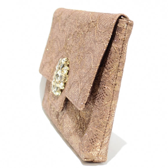 Crystal Buckle Glitter Lace Clutch - gold