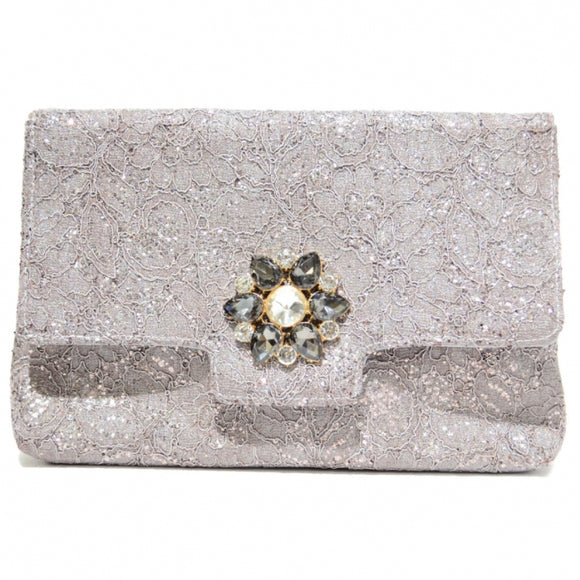 Crystal Buckle Glitter Lace Clutch - gray