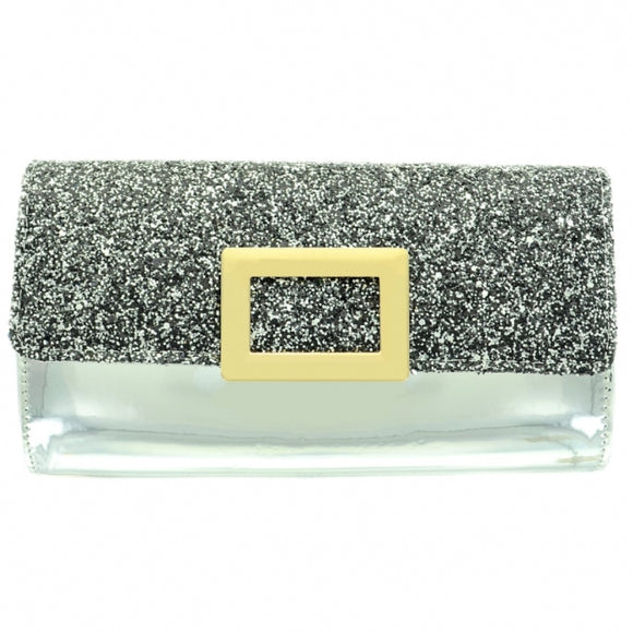 Glitter & Buckle Faux Patent Leather Clutch - silver
