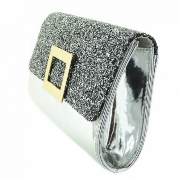 Glitter & Buckle Faux Patent Leather Clutch - silver