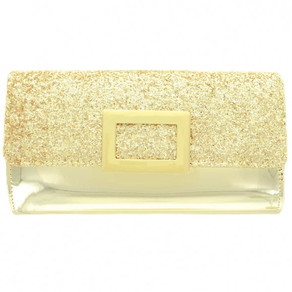 Glitter & Buckle Faux Patent Leather Clutch - gold