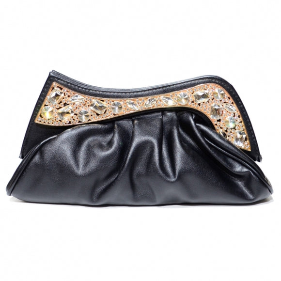 Sparkling Crystal Texture Faux Leather Clutch - black
