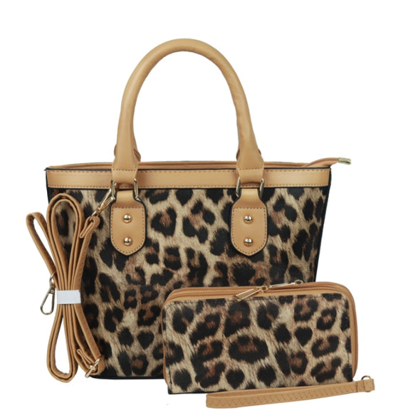 Leopard print tote witch matching wallet - apricot