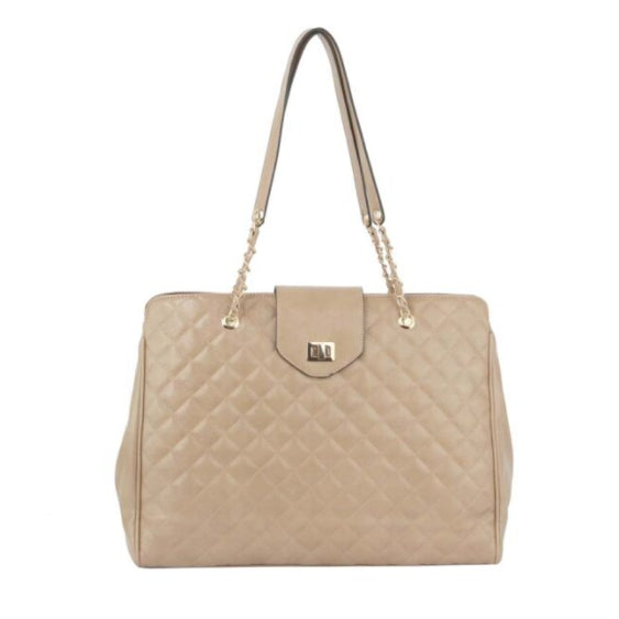 Quilted turn-lock chain tote - taupe