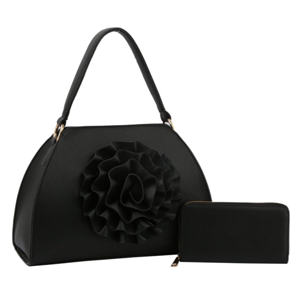 3d flower tote with wallet - black