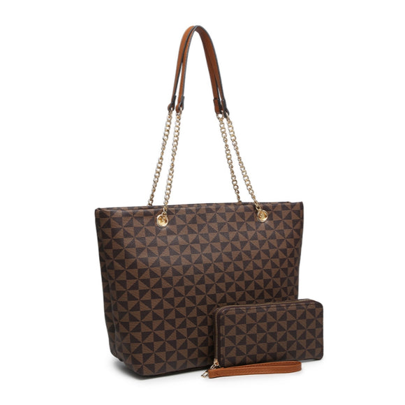 Mogoram pattern chain tote and wallet - brown/coffee