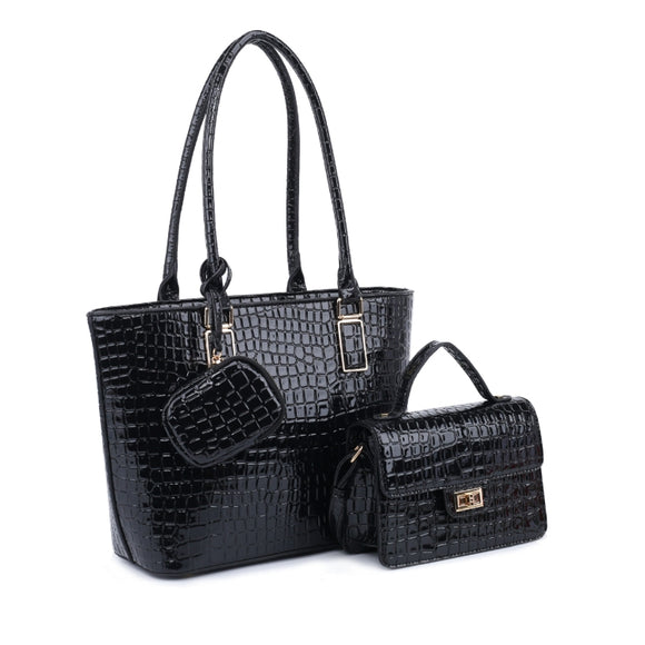 Crocodile embossed 3-in-1 handbag set - black