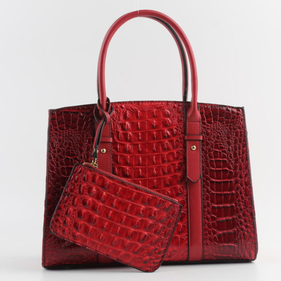 Decorated belted crocodile embossed tote - red