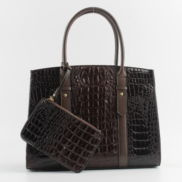 Decorated belted crocodile embossed tote - coffee
